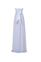 Vestido de dama de honor blanco de gasa, corte A, sin tirantes, largo hasta el suelo, con faja BD026