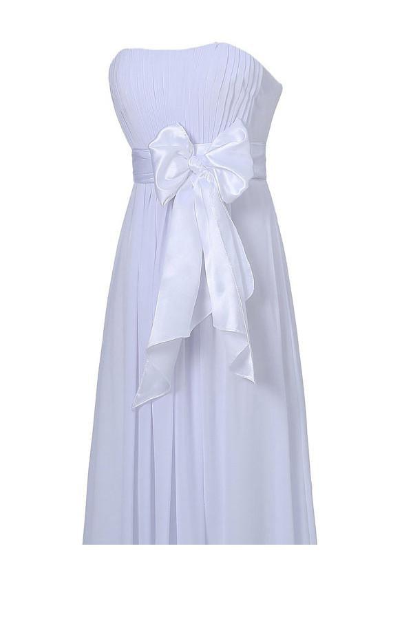 Vestido de dama de honor blanco de gasa, corte A, sin tirantes, largo hasta el suelo, con faja BD026