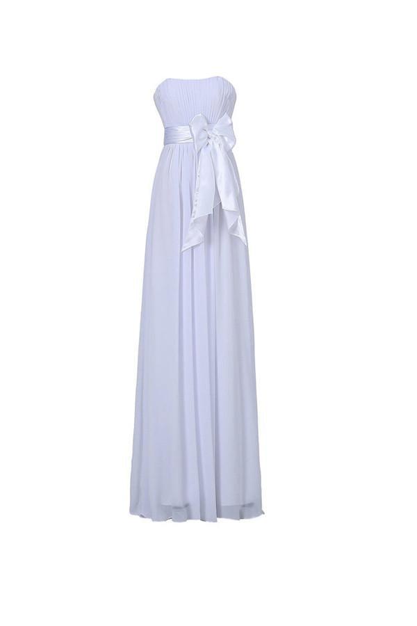 Vestido de dama de honor blanco de gasa, corte A, sin tirantes, largo hasta el suelo, con faja BD026