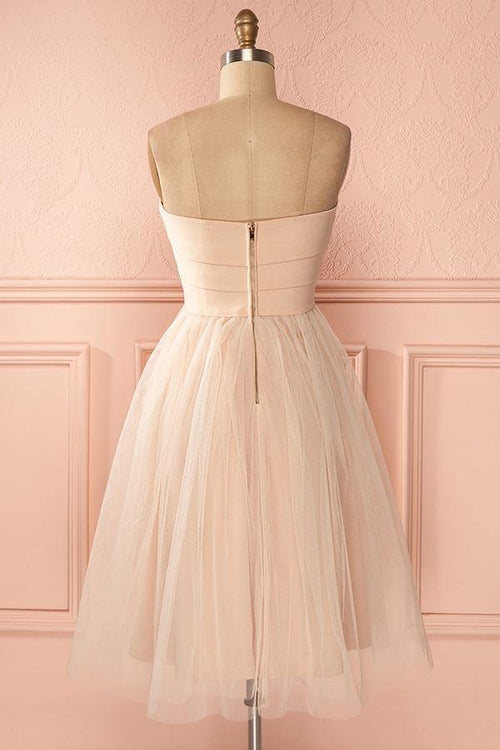Vestido de fiesta de tul con escote en forma de corazón, sin tirantes, corte A y largo hasta la rodilla, PD137