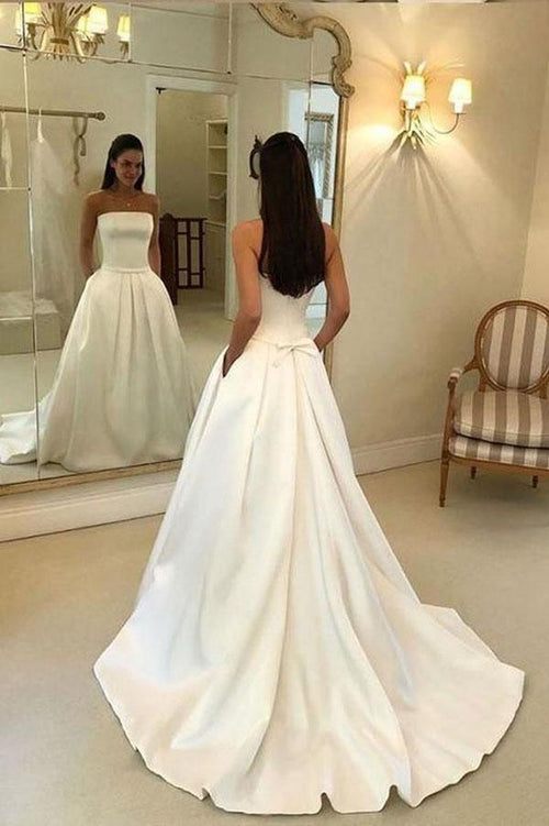 Vestido de novia de satén color marfil, sin tirantes, espalda abierta y bolsillos, corte A, WD395