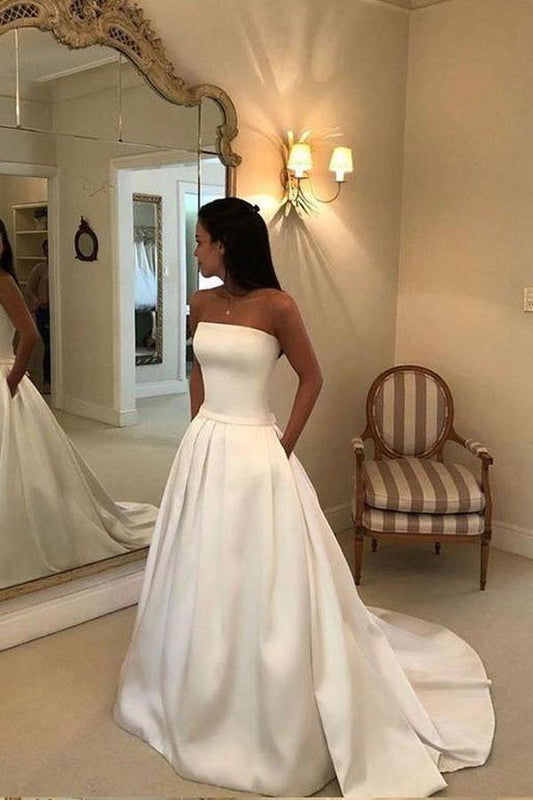 A-Linie, trägerlos, offener Rücken, Satin, Elfenbein, Brautkleid mit Taschen WD395