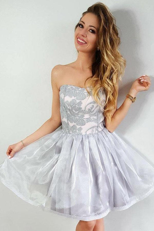 A-Linie trägerloses kurzes Organza-Heimkehr-Partykleid mit Applikationen PD291