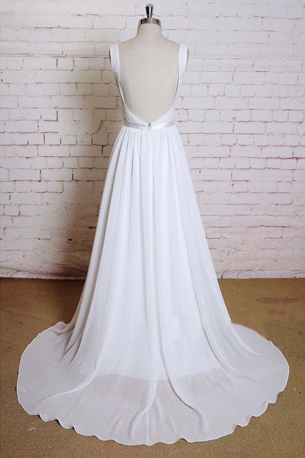 A-line Straps Court Train Chiffon Appliques Backless Wedding Dresses  WD172