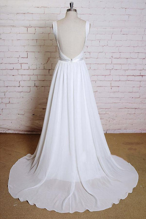 Vestido de novia de gasa con escote en A, tirantes finos, cola de corte y apliques, espalda descubierta, WD172