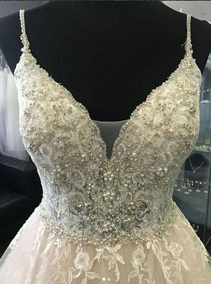 A-Linie Träger Elfenbein Tüll Brautkleid mit Applikationen Perlen WD228