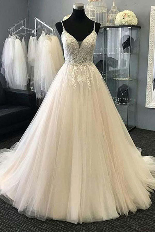 A-Linie Träger Elfenbein Tüll Brautkleid mit Applikationen Perlen WD228