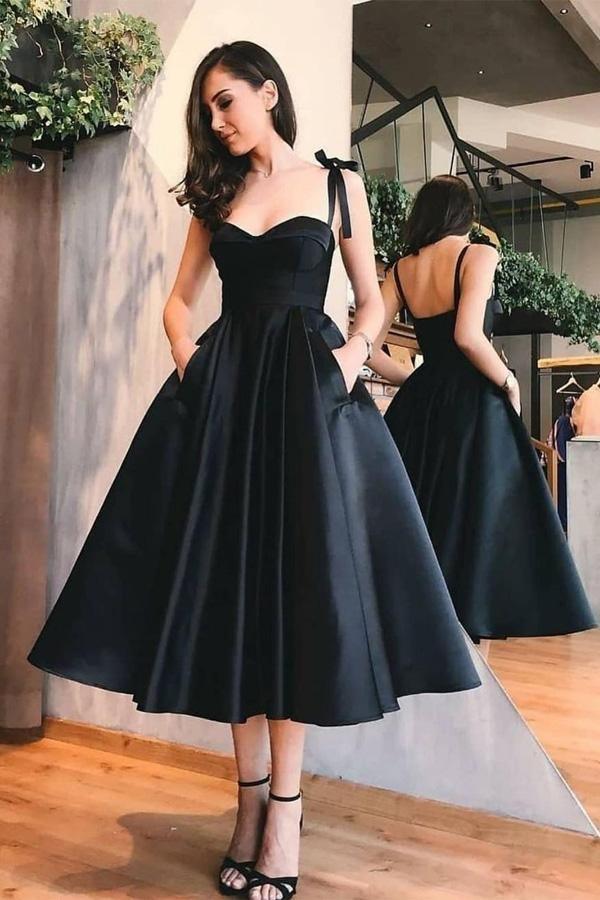 A-Linie Träger Midi Himmelblau Satin Homecoming Kleid mit Taschen PD057