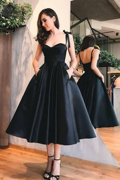 Vestido de fiesta de satén azul cielo con tirantes finos y bolsillos, corte en A, hasta media pantorrilla, PD057