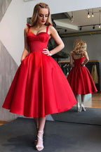 A-Linie Träger Midi Himmelblau Satin Homecoming Kleid mit Taschen PD057