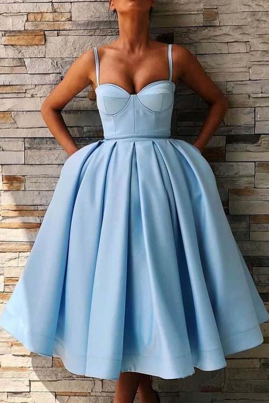 A-Linie Träger Midi Himmelblau Satin Homecoming Kleid mit Taschen PD057
