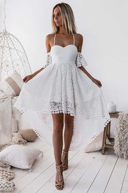 A-Linie Träger Off-the-Shoulder High Low Weiße Spitze Homecoming Kleid PD013