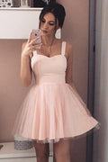 A-Linie Träger Kurzes Ballkleid Ärmellos Rosa Tüll Homecoming Kleid PD408