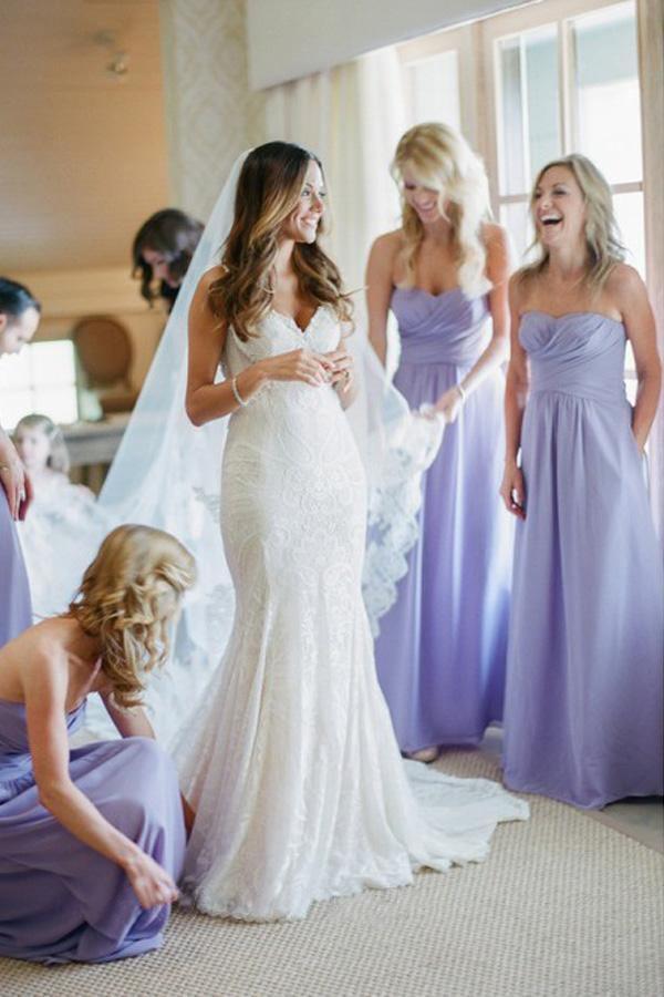 Vestido de dama de honor de gasa lavanda con escote en A, espalda descubierta y fruncido, BD080