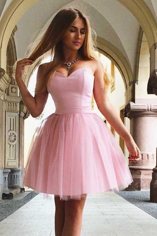 A-Linie Herzausschnitt Kurzes Rosa Tüll Homecoming Kleid PD199