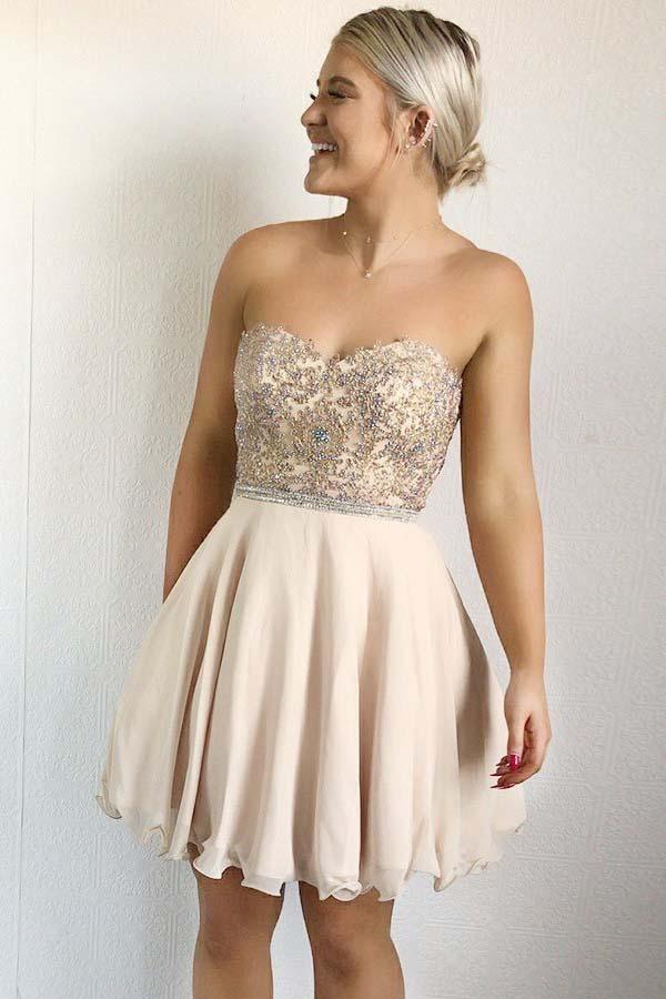 A-Line Sweetheart Pearl Pink Chiffon Homecoming Dress with Beading  PD029