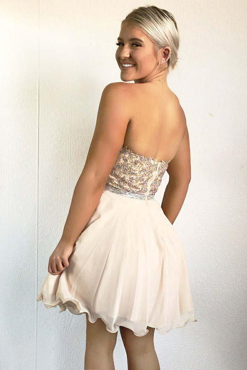 Vestido de fiesta de gasa rosa perla con escote en A y escote en forma de corazón, con cuentas PD029