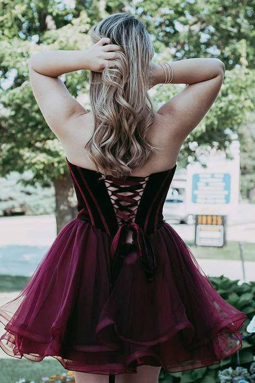 Vestido de fiesta de bienvenida de organza burdeos, corto, con escote en forma de A y escote en forma de corazón PD039