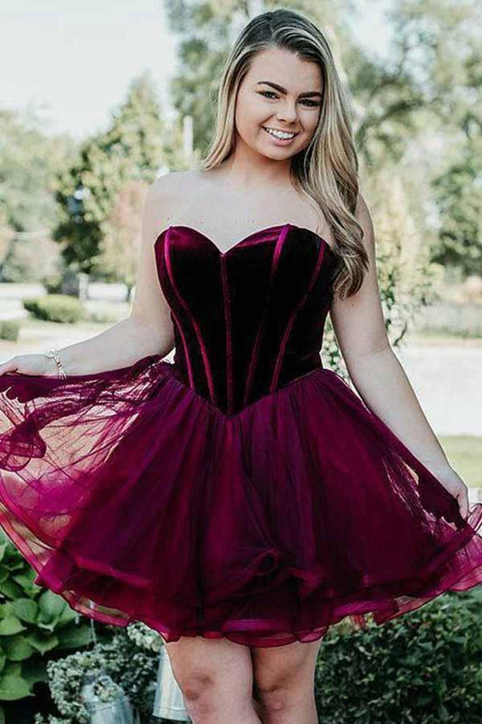 A-Linie Herzausschnitt Kurzes Burgunder Organza Homecoming Partykleid PD039