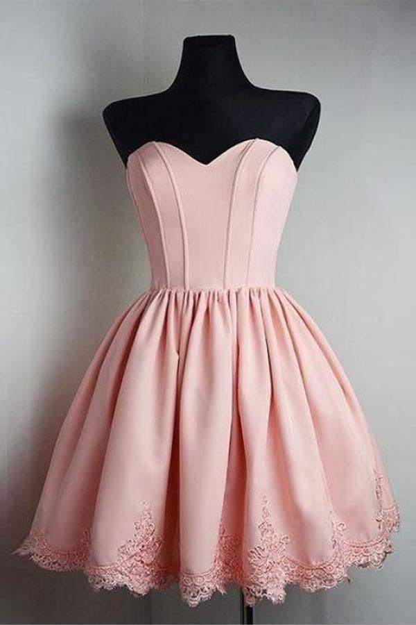A-line Sweetheart Sleeveless Satin Homecoming Dresses With Lace Applique PD081
