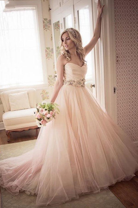 A-Linie Herzausschnitt Trägerlos Rosa Langes Tüll Brautkleid WD235