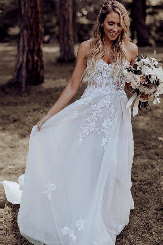 A-Linie Herzausschnitt Sweep Schleppe Brautkleid mit Applikationen Perlen WD393