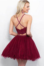A-Linie, zweiteilig, Applikationen, Burgunderrot, kurzes Homecoming-Kleid mit Perlenbesatz, PD263
