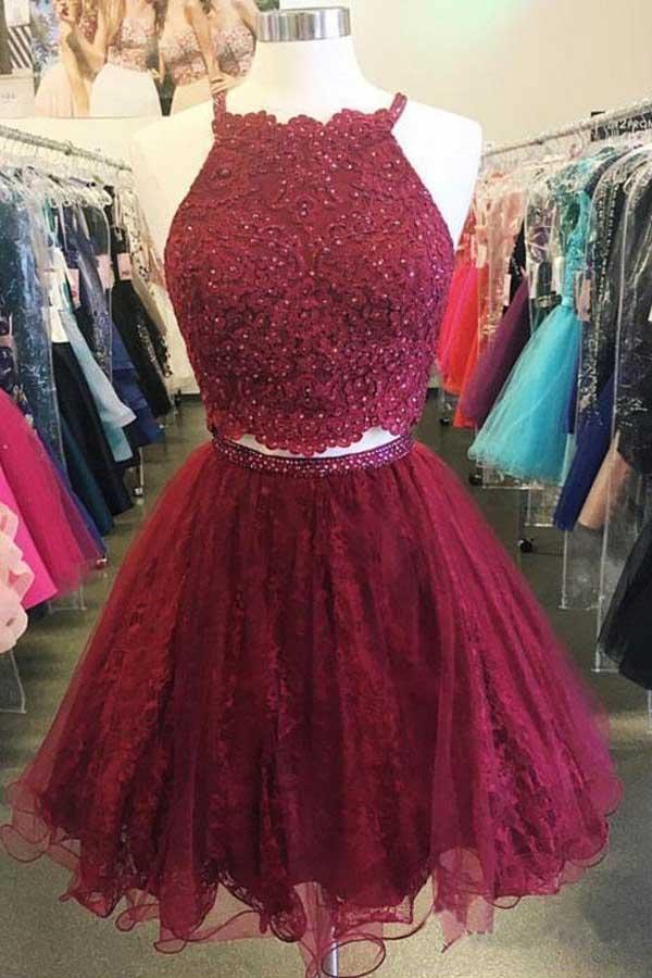 A-Linie, zweiteilig, Applikationen, Burgunderrot, kurzes Homecoming-Kleid mit Perlenbesatz, PD263