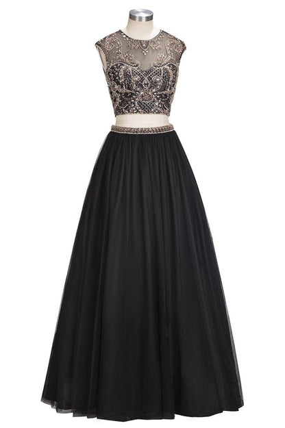 A-line Two-piece Floor Length Sleeveless Plus Size Crystals Patterns Prom Dresses