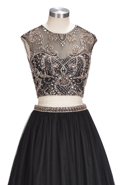A-line Two-piece Floor Length Sleeveless Plus Size Crystals Patterns Prom Dresses
