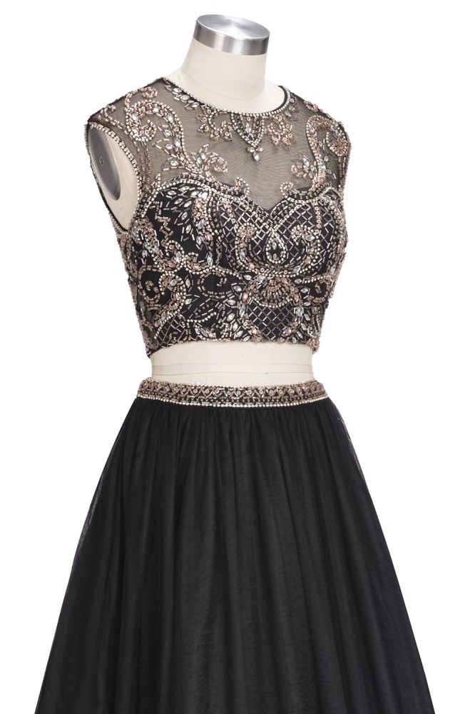 A-line Two-piece Floor Length Sleeveless Plus Size Crystals Patterns Prom Dresses