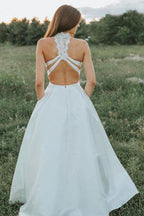 Vestido de novia blanco de encaje de dos piezas con bolsillos, corte A, WD403