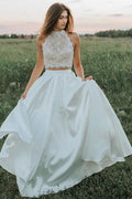 Vestido de novia blanco de encaje de dos piezas con bolsillos, corte A, WD403