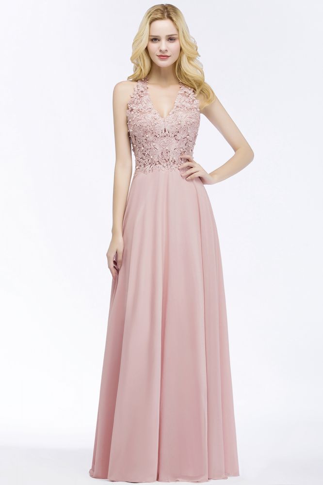 Vestido largo de noche de gasa con escote en V y apliques, sin mangas, para dama de honor