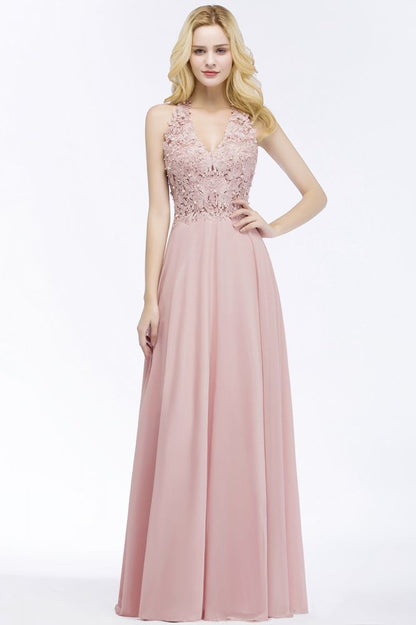 A-Linie V-Ausschnitt Applikationen Chiffon Abend Maxikleider Ärmelloses Brautjungfernkleid