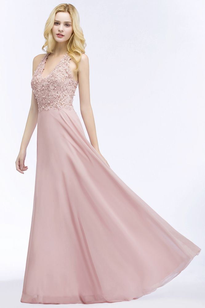 A-Linie V-Ausschnitt Applikationen Chiffon Abend Maxikleider Ärmelloses Brautjungfernkleid