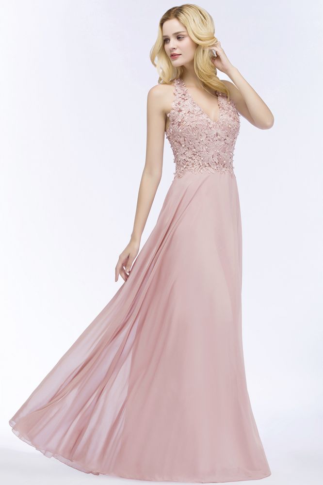 Vestido largo de noche de gasa con escote en V y apliques, sin mangas, para dama de honor