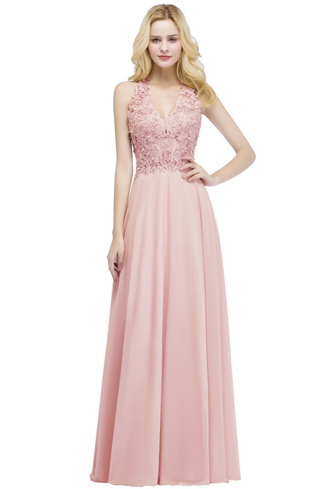 Vestido largo de noche de gasa con escote en V y apliques, sin mangas, para dama de honor
