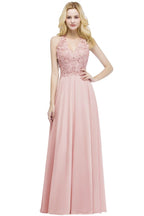 Vestido largo de noche de gasa con escote en V y apliques, sin mangas, para dama de honor