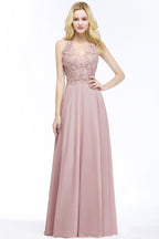 Vestido largo de noche de gasa con escote en V y apliques, sin mangas, para dama de honor