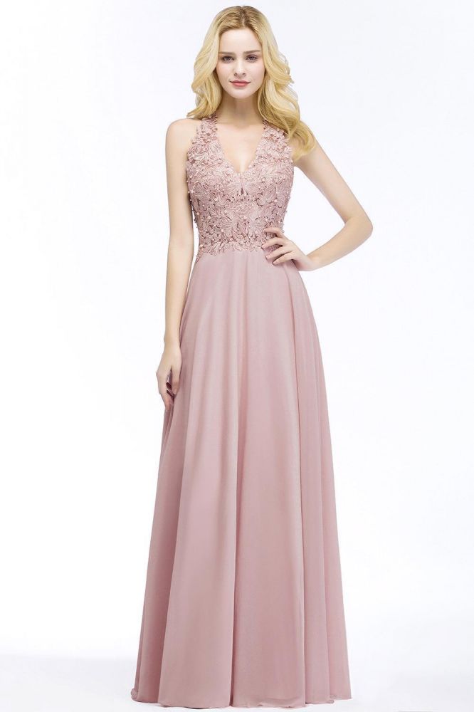 Vestido largo de noche de gasa con escote en V y apliques, sin mangas, para dama de honor