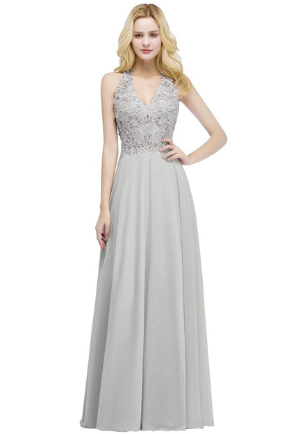 A-Linie V-Ausschnitt Applikationen Chiffon Abend Maxikleider Ärmelloses Brautjungfernkleid