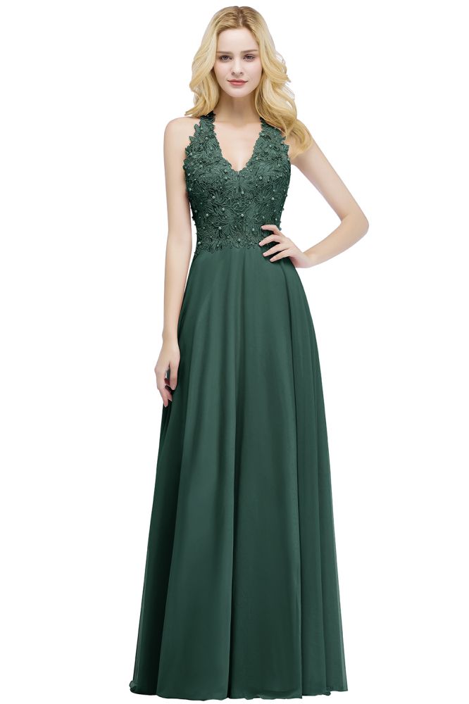 Vestido largo de noche de gasa con escote en V y apliques, sin mangas, para dama de honor