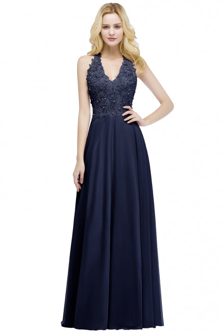 Vestido largo de noche de gasa con escote en V y apliques, sin mangas, para dama de honor