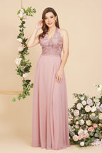 Vestido largo de noche de gasa con escote en V y apliques, sin mangas, para dama de honor