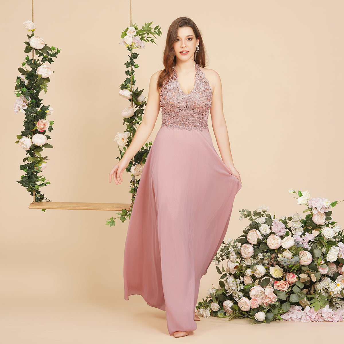 A-Linie V-Ausschnitt Applikationen Chiffon Abend Maxikleider Ärmelloses Brautjungfernkleid