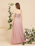 Vestido largo de noche de gasa con escote en V y apliques, sin mangas, para dama de honor