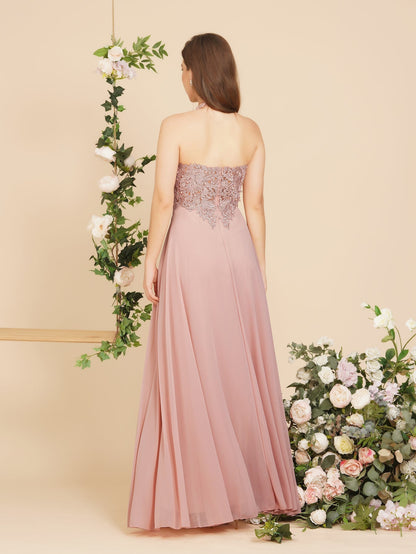 A-Linie V-Ausschnitt Applikationen Chiffon Abend Maxikleider Ärmelloses Brautjungfernkleid