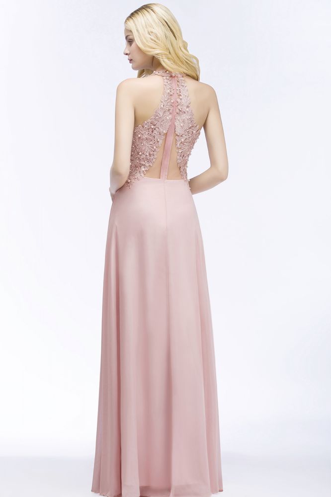 Vestido largo de noche de gasa con escote en V y apliques, sin mangas, para dama de honor