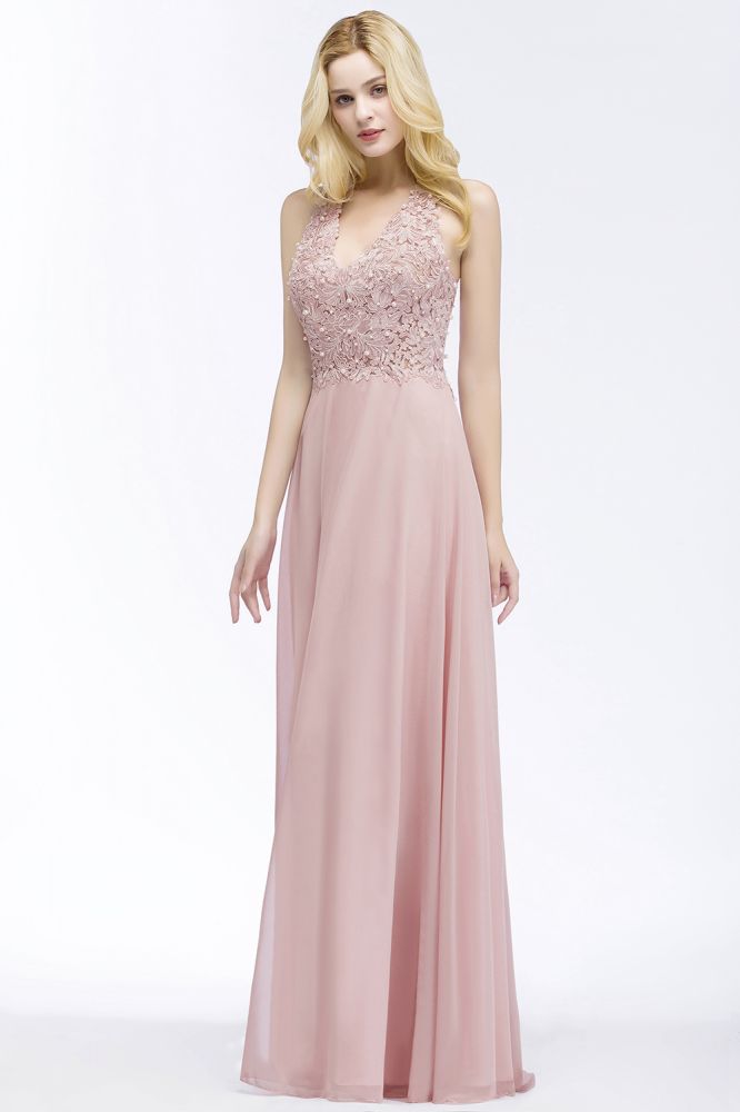 A-Linie V-Ausschnitt Applikationen Chiffon Abend Maxikleider Ärmelloses Brautjungfernkleid